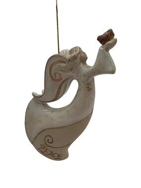 Ceramic Angel Ornament With Gold Accents Holding Dove - "Peace" Engraved Design